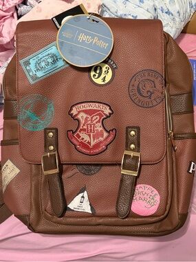 Warner Bros. Brown Faux Leather Hogwarts Patch Backpack NWT